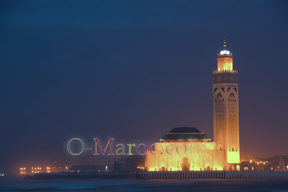 The Hassan II mosque illuminated at night