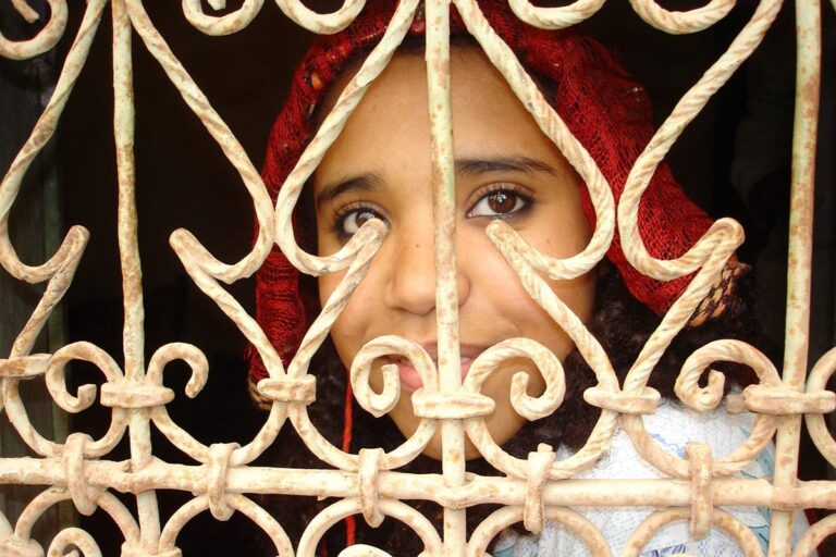 A young girl from Skoura, behind the latticework of a window
