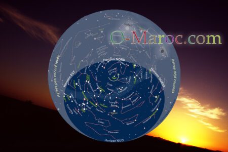 Map of the sky over Tazzarine on 14/11/2023 against a desert sunset background