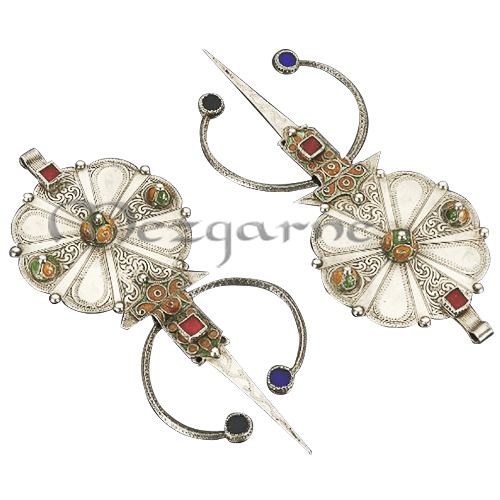 Pair of silver, enamel and coloured glass fibulae