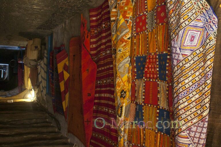 A collection of Moroccan rugs on show in Essaouira