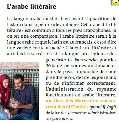 The Arabic language existed long before the appearance of Islam in the Arabian Peninsula. This so-called 'literary' Arabic is common to all Arabic-speaking countries. Literary Arabic is to the Arabic language what Latin is to French, i.e. a written variety attached to literary culture and sacred texts. It is the prestigious language of educated people. However, for the 30% of the country's population who are illiterate, it is impossible to understand the king, to read newspapers or to be properly informed. Since the kingdom's administration operates in literary Arabic, a third of Moroccans encounter difficulties when it comes to administrative or legal procedures.