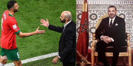 Saïss and Walid Regragui on the pitch, Mohammed VI on the right