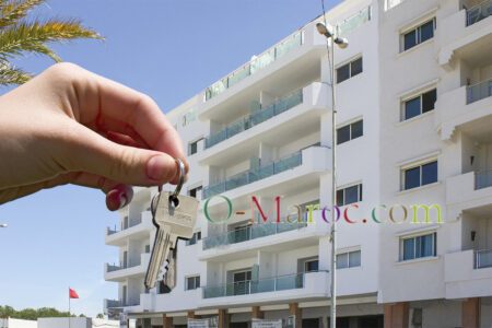 Hand with a bunch of keys in front of a block of flats