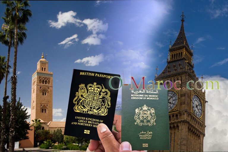 In front of the Koutoubia and Big Ben, one hand holds a British passport, the other a Moroccan passport