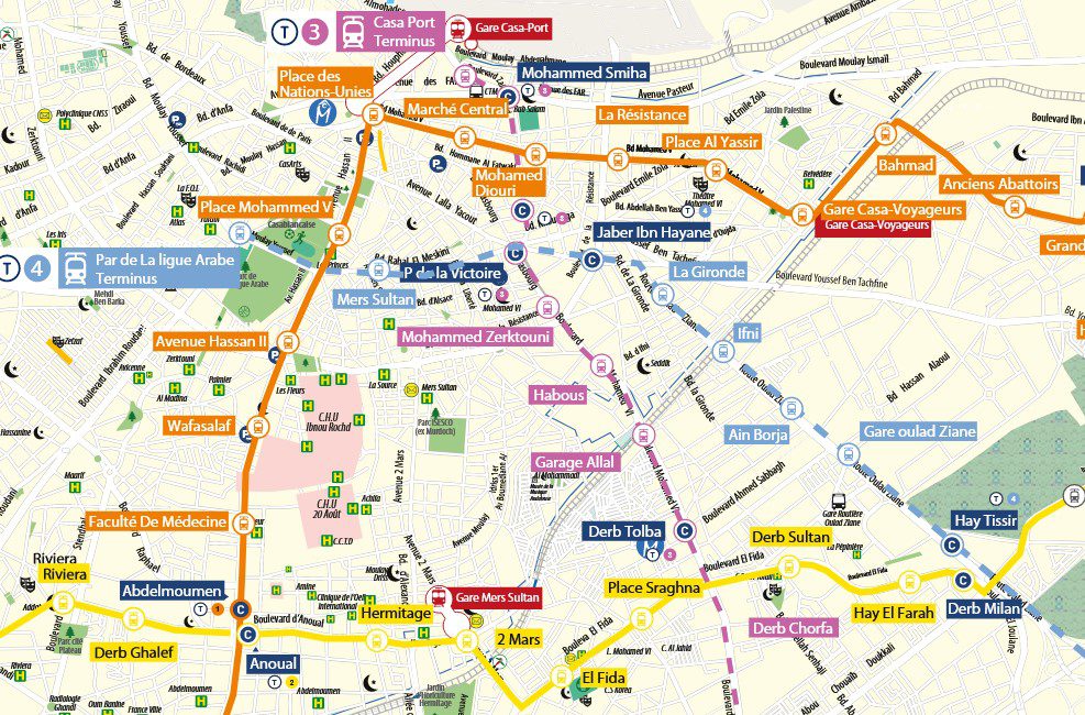 Plan of Casablanca's tram and bus lines in 2024