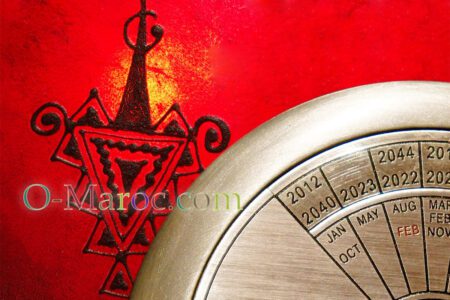 Perpetual calendar on a fibula tattooed with henna on red leather