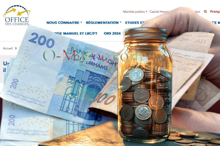 A piggy bank with euros in front of dirham notes and a screenshot of the Office des Changes (Moroccan foreign exchange office)
