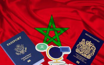 A Moroccan flag with a British and an American passport and the Google Translate icon