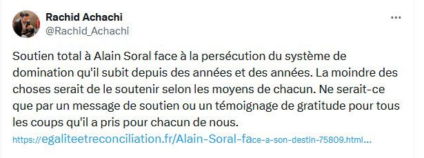 Total support for Alain Soral in the face of the persecution of the system of domination that he has suffered for years and years. The least we can do is support him according to our means. If only by a message of support or a token of gratitude for all the blows he has taken for each and every one of us.