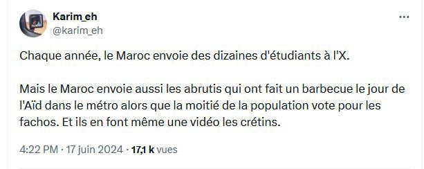 Every year, Morocco sends dozens of students to X. But Morocco also sends the morons who barbecued on Eid day in the metro when half the population votes for the fascists. And they even made a video about it, the morons.