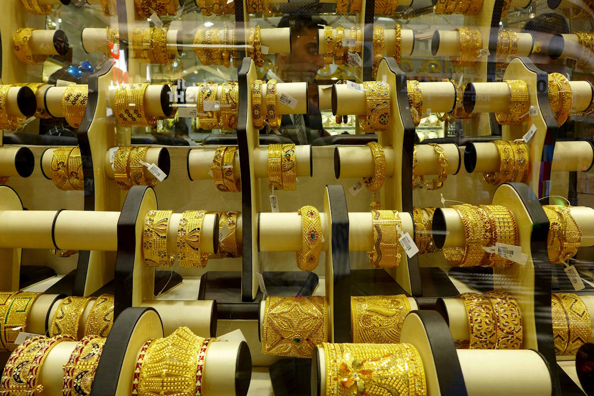 Gold jewellery in a shop window in Dubai