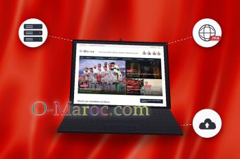 Against a background of the Moroccan flag, a laptop displaying the O-Maroc.com homepage and icons symbolising the web (server, domain name, web hosting)