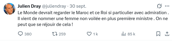 Le Monde devrait regarder le Maroc et ce Roi si particulier avec admiration . Il vient de nommer une femme non voilée en plus première ministre . On ne peut que se réjouir de cela !